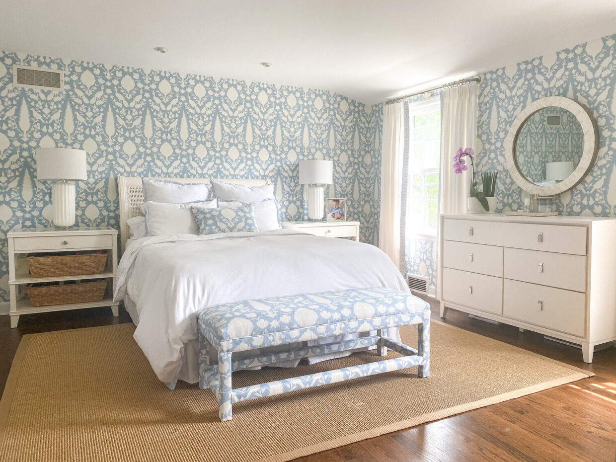Ashley Colombo Blue and White bedroom with Schumacher